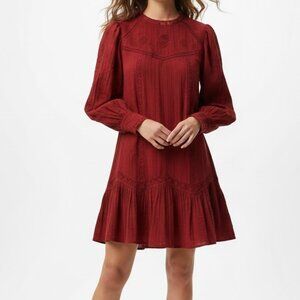 Zara Embroidered Mini Dress Red Burgundy Gauze Peasant Medium Like New